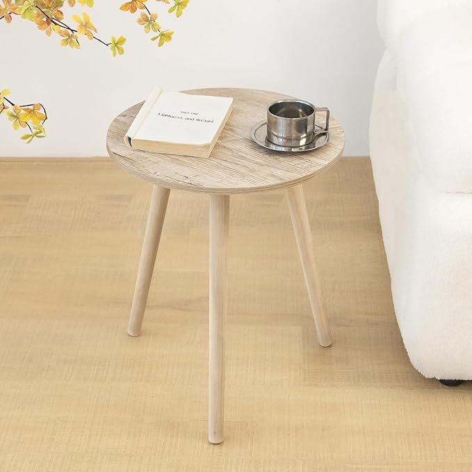 AWASEN Round Side Table, Modern Small End Table for Living Room, Wood Accent Drink Table for Small Space with Solid Wood Legs, Easy Assembly, Rustic White Oak