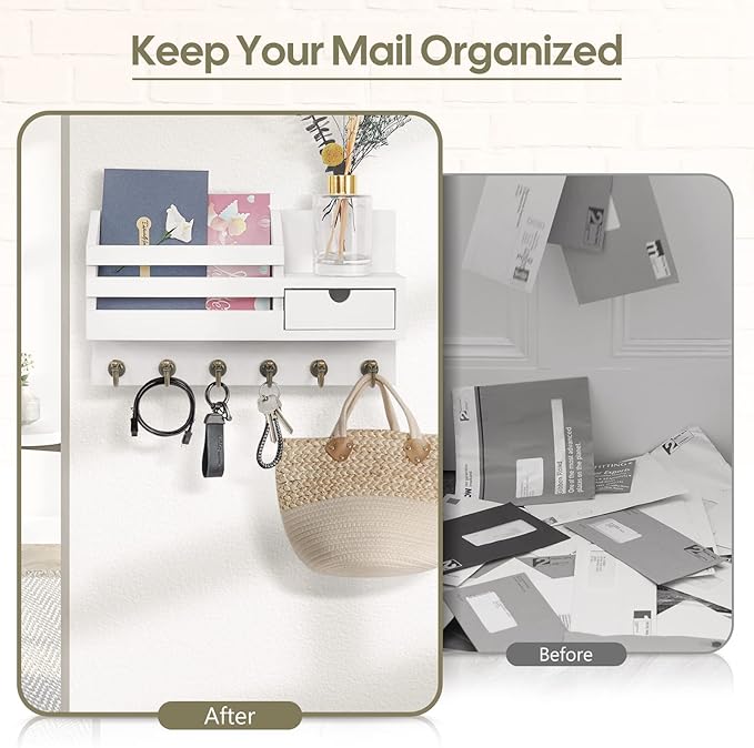 FifthQuarter Key and Mail Holder for Wall, Mail Organizer Wall Mount with 6 Hooks and Storage Drawer, Easy Installation Key Rack for Entryway and Home Decor (A-White)