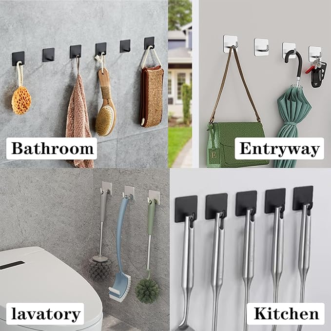 Bath Towel Hooks, 4 Pack Strong Self Adhesive Coat/Clothes Hooks, No Drilling Sticky Hooks, Heavy Duty 304 Stainless Steel Shower Wall Hook for Bathroom Kitchen Bedroom(Matte Black)