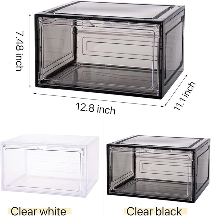 Attelite Large Clear Shoe Box Organizer,Plastic Stackable Shoe Storage Box with Magnetic Door, Large Clear Door Shoe Containers for Display Sneakers, Easy Assembly(Black)