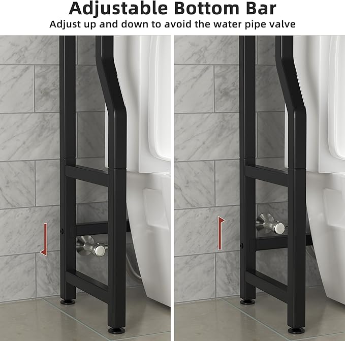3 Tier Over The Toilet Storage Rack with Toilet Paper Holder, Metal Freestanding Bathroom Shelves with 4 Hooks, Over Toilet Storage Shelf for Bathroom Storage, Black-NeatNest
