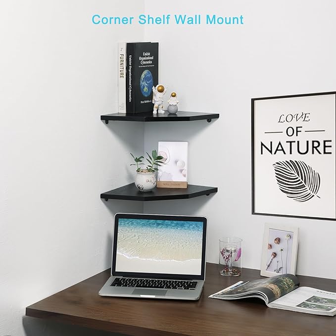 Corner Wall Shelves Set of 2, Rustic Wood Corner Floating Shelves with Cable Raceway, Wall Mount Storage Display for TV Accessories, Baby Monitor, Speaker, Cable Box (Black, Diamond- 10 Inch)-NeatNest