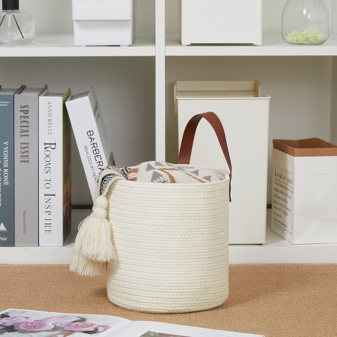 DULLEMELO Rope Hanging Baskets 2 Pack - 7"(D) x 8"(H) Small Woven Wall Storage Basket for Organizing,Hanging Decorative Baskets for Home Bedroom Office Plants (White)-NeatNest