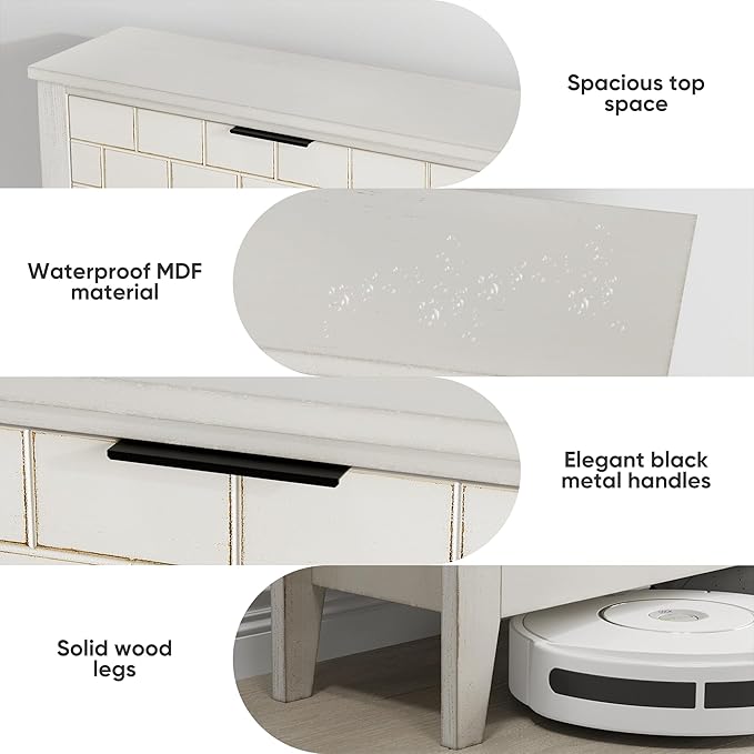 Modern Shoe Cabinet with 2 Flip Drawers, Mid-Century Vintage Shoe Storage Organizer for Entryway Slim, Freestanding Wood Shoe Rack Cabinet for Hallway, Bedroom, Living Room, Retro White-NeatNest
