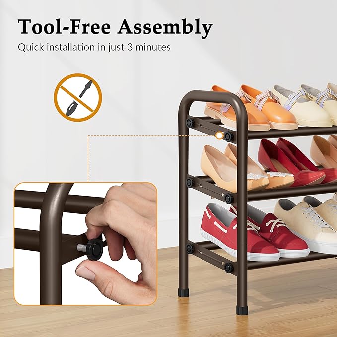 3 Tier Shoe Organizer, Shoe Rack for Closet, 28“ Metal Shelf Can Expandable to 42“, for Bedroom, Entryway, Closet, Garage, Adjustable to 18 Pairs Shoes, Brown-NeatNest