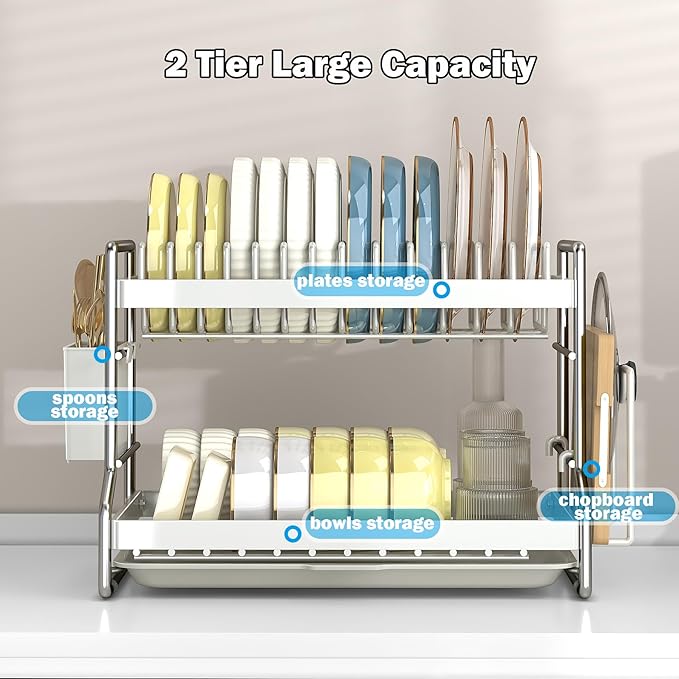 Dish Drying Rack 2 Tier Countertop Dish Draining Rack Organizer White