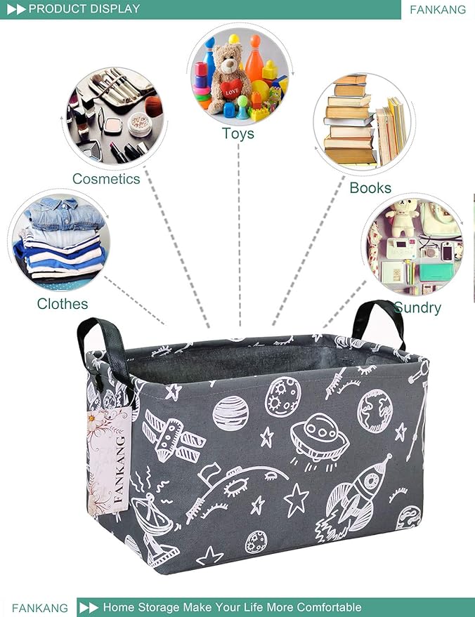 FANKANG Storage Basket,Nursery Hamper Canvas Laundry Basket Foldable with Waterproof PE Coating Storage, Office, Bedroom, Clothes,Toys (Rec-Space Planet)