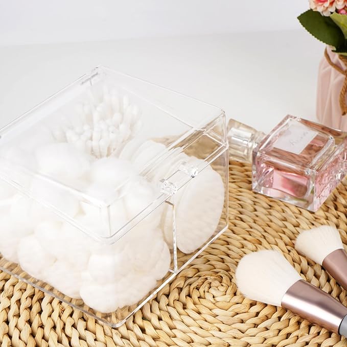 Cotton Swab Holder Dispenser with Lid, Square Plastic Box with 2 Compartments for Cotton Ball, Cotton Pads, Floss, Clear Container for Vanity Bathroom Organizer Storage-NeatNest