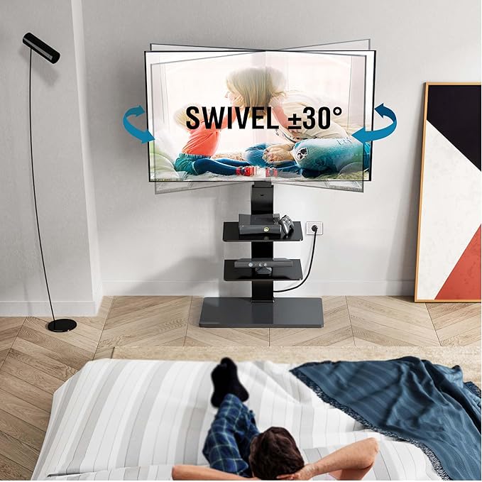 FITUEYES Floor TV Stand for 32-75 inch TV with Power Outlet, Tall TV Mount for Bedroom Living Room with Tempered Glass Base, TV Stand with Mount Holds Up to 88lbs MAX VESA 600x400mm,Black-NeatNest
