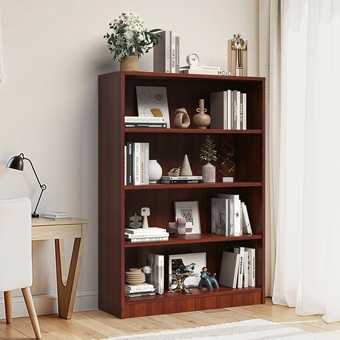 Farini 48 Inch Tall 4-Shelf Bookcase, Wood Bookshelf Storage Organizer Adjustable Shelf for Home Office, Study Room, Easy Assembly,Mahogany