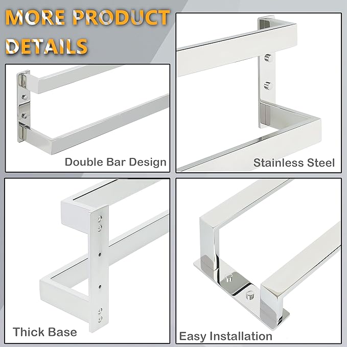 Alise Double Towel Bar 24", SUS304 Stainless Steel Towel Racks for Bathroom Wall Mounted, Heavy Duty Bathroom Towel Holder, Space Saving Towel Hanger, Polished Chrome