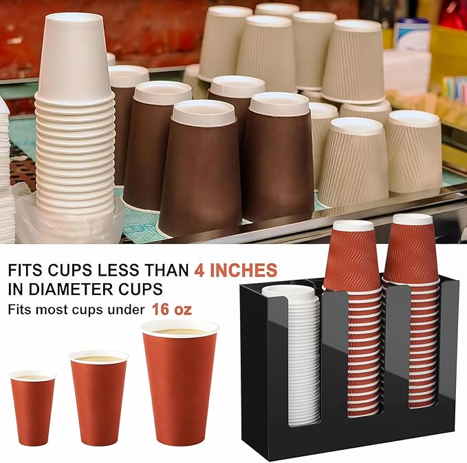 MYITYARD Coffee Cup Holder, Cup and Lid Organizer fits 5 to 16 oz Disposable Paper & Plastic Cups, Cup Dispenser Countertop, Coffee Bar Accessories for Bathroom, Kitchen, Office (3 Compartment)