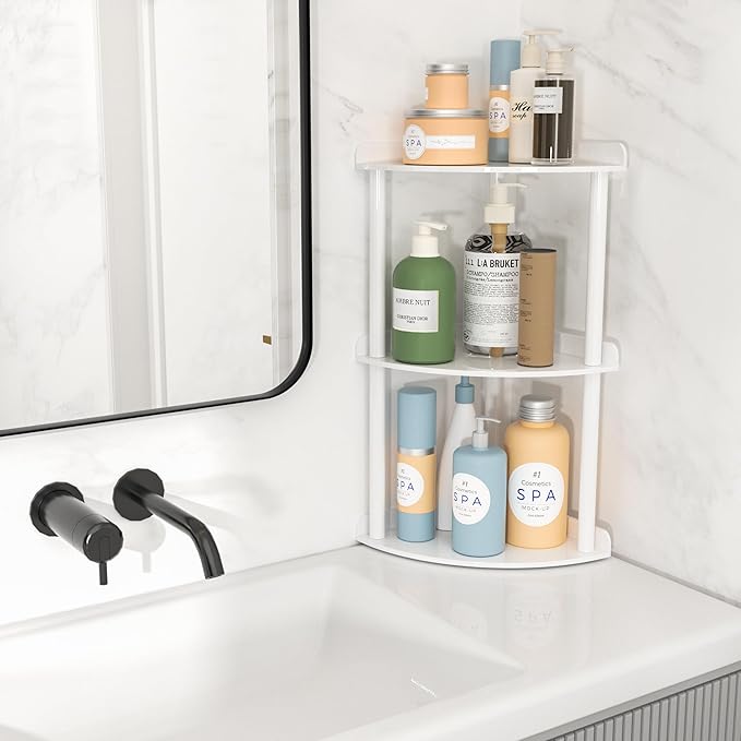 3 Tier Countertop Corner Organizer Shelf 7x7x15.7 Inch, White Countertop Acrylic Bathroom Corner Shelf, Vanity Storage Organizer for Cosmetics, Toiletries-NeatNest