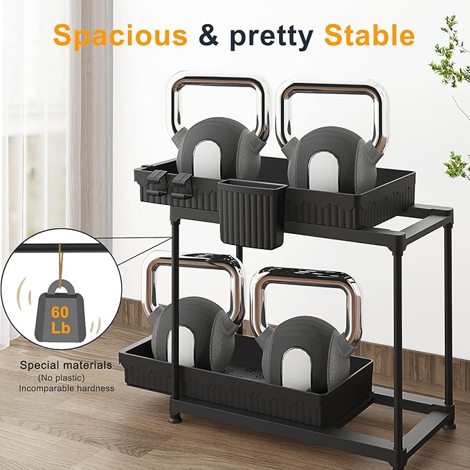2 Pack Double Sliding Under Sink Organizers and Storage, 2 Tier Under Bathroom Cabinet Shelf Organizer with Hooks Hanging Cup, Home Organization, Black-NeatNest