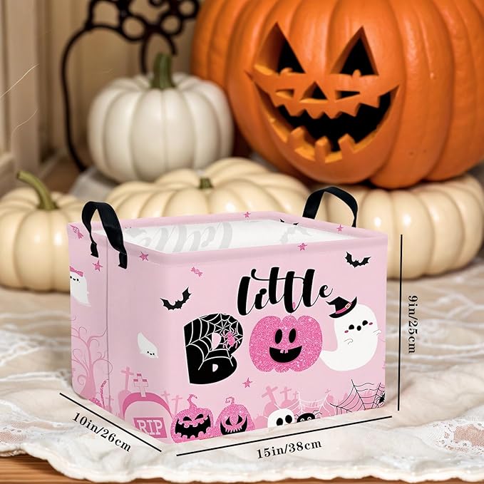 Halloween Basket Gift Cute Pumpkin Ghost Parties Decor Kid Trick or Treat Basket for Boys and Girls Rectangular Storage Bin Box (Pink)-NeatNest