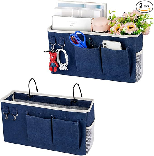 Bedside Storage Caddy/Bedside Hanging Storage Bag for Headboards Bunk Beds Dorm Rooms Book Phone Magazine Holder (2PC Navy Blue)-NeatNest