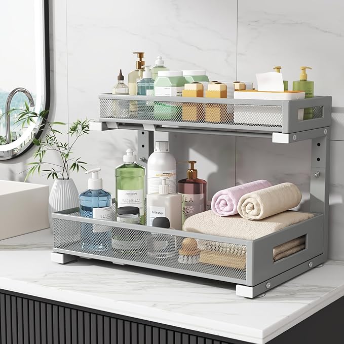 1 Pack 17IN Depth Under Sink Storage Organizer, Large 2-Tier Elegant Mesh Pull Out Shelf for Kitchen and Bathroom Cabinet Organization, L-Shaped and Adjustable Height Design-Gun Gray-NeatNest