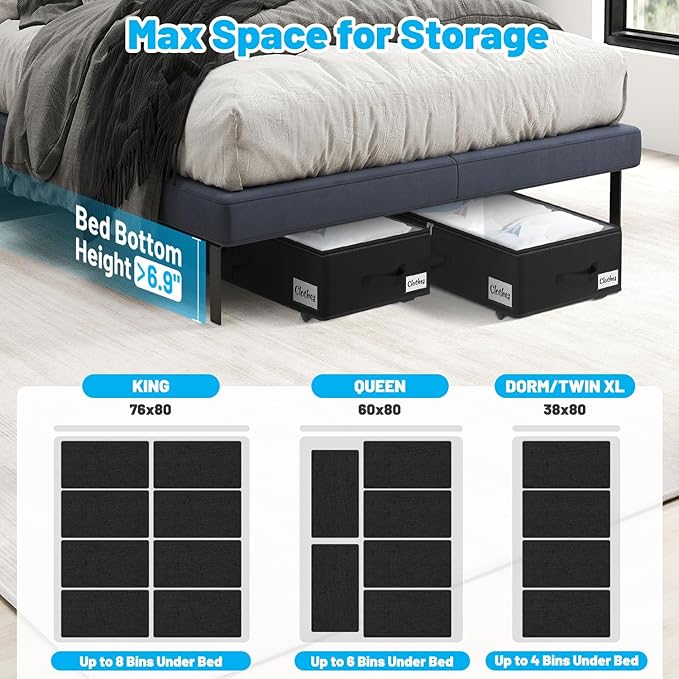 2 Pack Under Bed Storage with Wheels 6.7" Height, Rolling Storage Bins XL 50L, Underbed Shoe Storage Containers with Label & Clear Lid, Dorm Under bed Drawers for Clothes, Shoes, Quick Assembly, Black-NeatNest