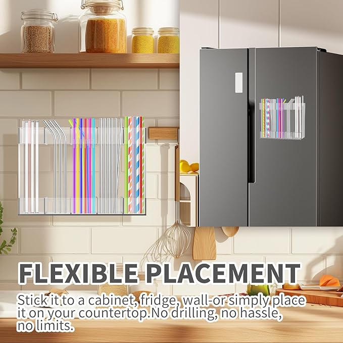 Acrylic straw holder for cabinet door, Reusable Tumbler Straw Organizer Storage for Cupboard Drinking Straws Dispenser for Kitchen Counter, Ultra Sticky Cupboard Door Mounted (Transparent)