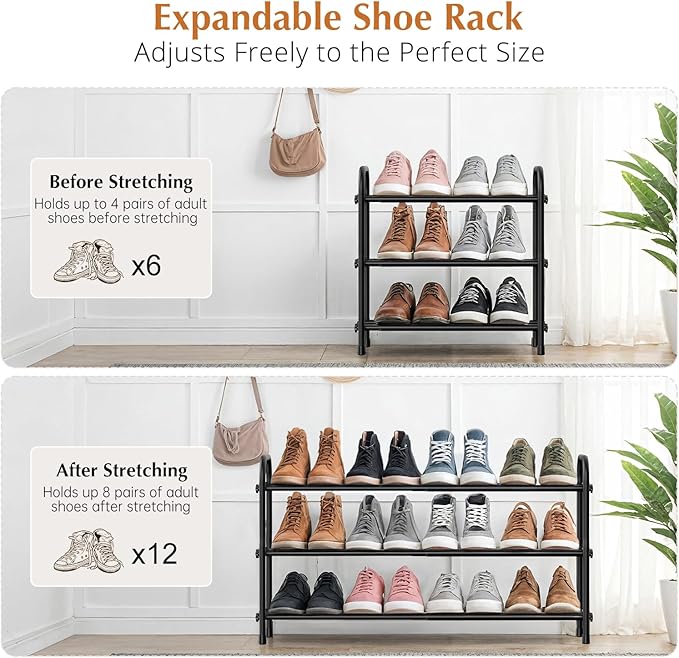 INSMART 3-Tier Expandable Shoe Rack, Stackable and Adjustable Shoes Organizer Storage Shelf, Sturdy and Durable Metal Structure Free Standing Shoe Rack for Closet Entryway Doorway-NeatNest