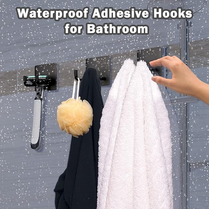 Adhesive Hooks, Stick on Stainless Steel Towel Robe Razor Wall Hooks for Bathroom Kitchen, Sticky Heavy Duty Durable Shower Hangers for Hanging Hat Coat Key Short-Black(4pcs)