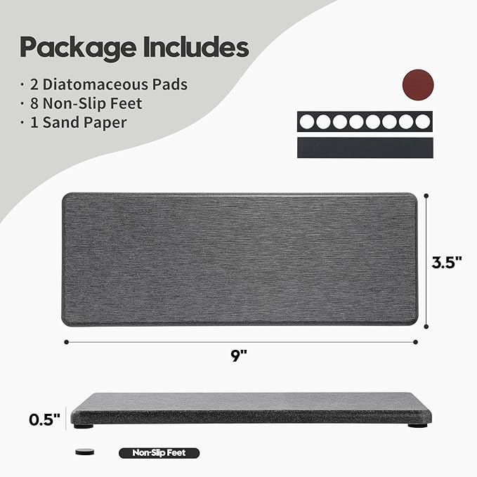 2PCS Bathroom Trays, Water Absorbing Diatomite Stone Quick Drying Mat for Kitchen Counter, Dish Rack Soap Dispenser Sponge Holder Caddy Sink Vanity Organizer, Dark Gray Slate,9"x3.5"-NeatNest