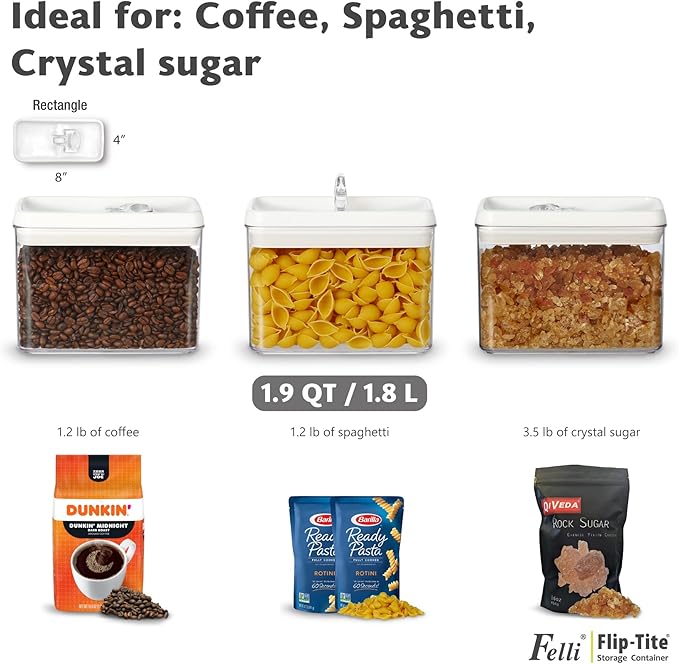 Felli Flip Tite Storage Container with Lid 4” RECTANGULAR Airtight Ring Flip Top, Stackable Kitchen Counter Pantry Organizer Acrylic Canister Jar for Pasta Spaghetti Cereal Granola Coffee (1.9qt)-NeatNest
