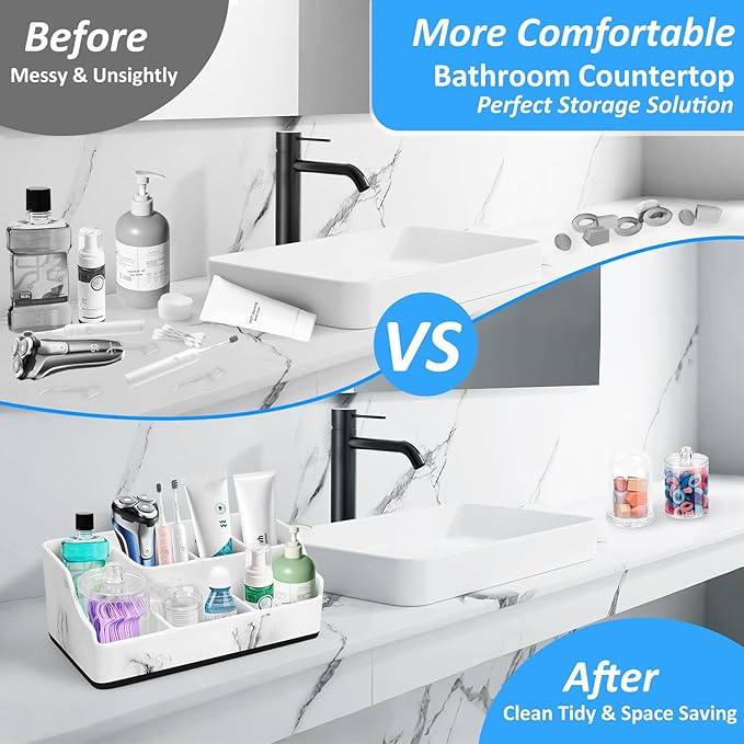 Marble Toothbrush Holder for Bathroom Organizer Countertop, Toothbrush Organizer with Qtip Holder Dispenser, White Toothbrush and Toothpaste Holder for Bathroom Counter Organization Storage Vanity