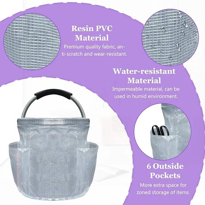 17L Portable Shower Caddy with Handle, Foldable Cleaning Supply Caddy in PVC Resin, Picnic Basket with 6 Side Pockets, Multifunctional Storage Basket for Bathroom, Picnics, Transparent-NeatNest