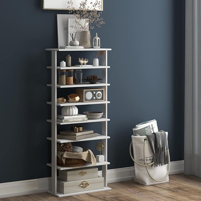 COSTWAY 7 Tiers Shoe Rack, Double Rows Vertical Tall Narrow Patented Shoe Organizer, Free Standing Shoe Rack for Small Space, Entryway, Closet, Living Room, Bedroom (White)-NeatNest