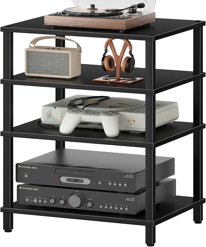 4-Tier AV Media Player Stand, Black Stereo Cabinet, Modern Stereo Cabinet, Wooden TV Stand,Game Console Shelf, Multifunctional Entertainment Center, Suitable for Home, Conference Room, Game Studio-NeatNest