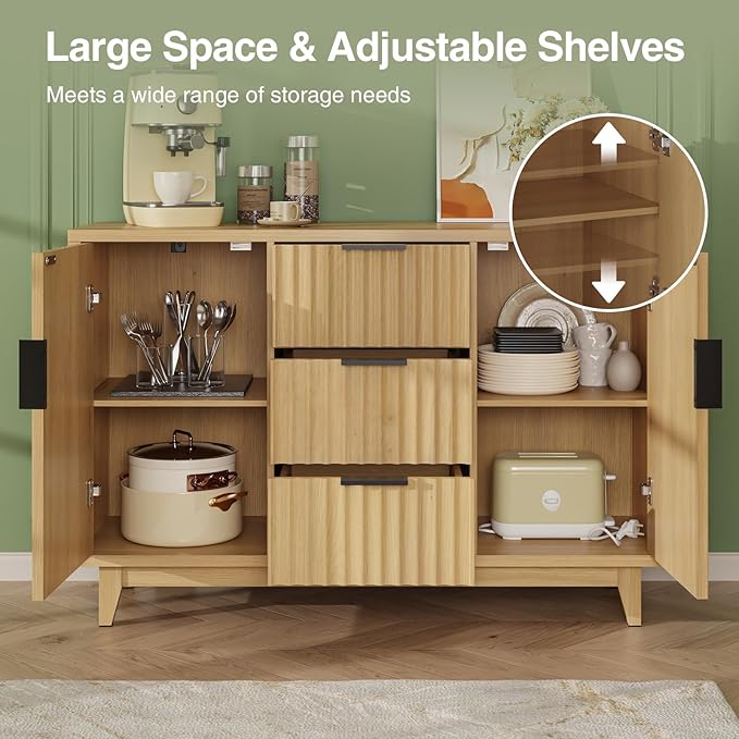 47.2" W Storage Cabinet with 3 Drawers, Fluted Buffet Cabinets with Storage, Large Sideboard with 2 Door, Modern Mid Century TV Stand Coffee Bar Furniture for Living Room, Kitchen, Entryway