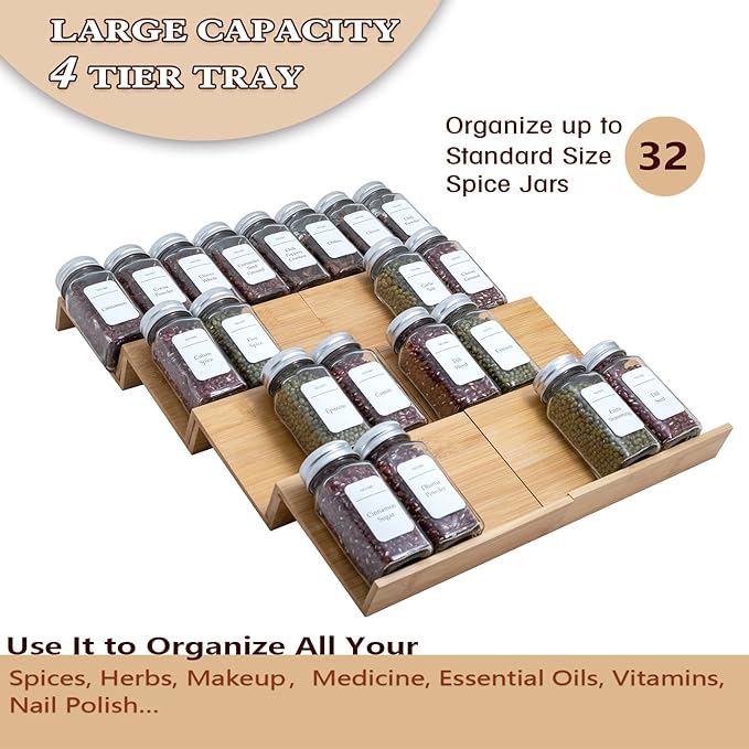 Bamboo Spice Rack Drawer Organizer - 8 Pieces Set- 7" Wide Per Piece - Combine Pieces Into 14" Wide Rack (7" or 14")-NeatNest
