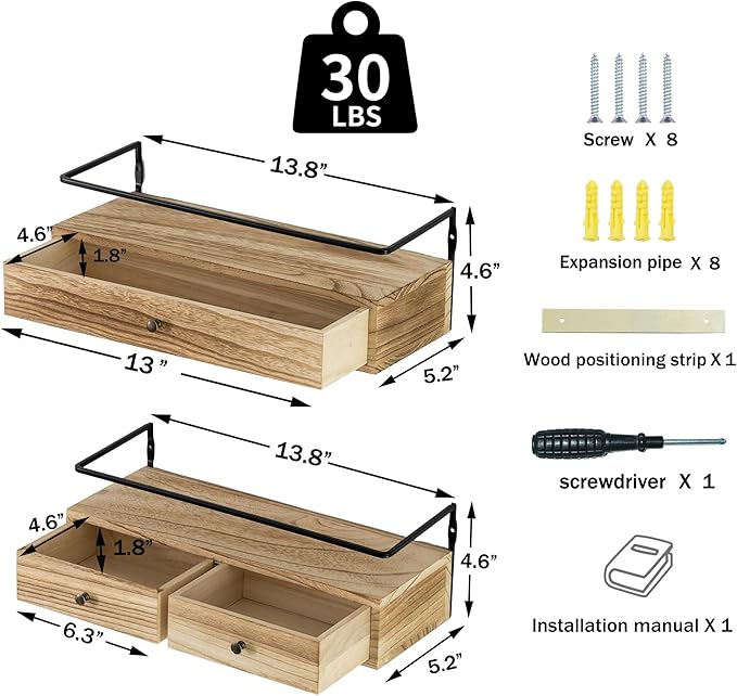Floating Shelves - Wall Mounted Bathroom Shelf Set of 2 with Drawers, Rustic Wood Shelves for Bedroom, Living Room, Kitchen, Wall Decor, Plants, Books (Brown)-NeatNest