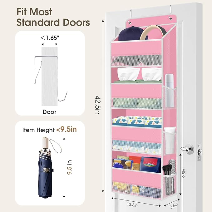1 Pack Over The Door Organizer Hanging Storage Organizers with Clear Window 40lb Large Capacity Room Organizer for Pantry Laundry Bathroom Nursery Closet(Pink)-NeatNest