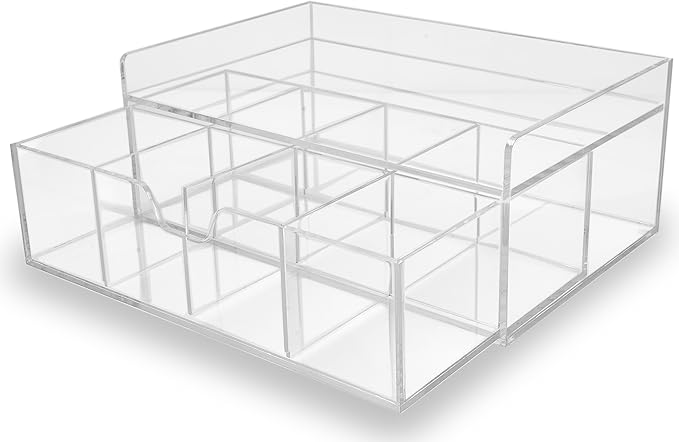 Acrylic Tea Station Organizer for Countertop - Tea Bag Organizer Drawer, Clear Lucite K Cup and Coffee Pod Storage box with 8 Compartments, Tea Caddy Creamer Holder Display Stand-NeatNest