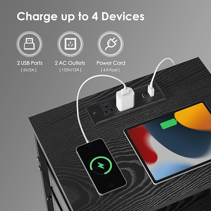 Black Nightstand with Charging Station, LED Night Stand with 2 Fabric Drawers, Side Table with Open Shelf, End Table with Outlets and USB Ports, 2 Drawer Dresser for Bedroom, Easy Assembly-NeatNest