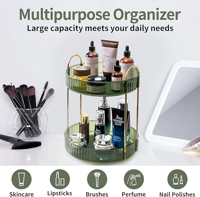 360 Rotating Makeup Organizer for Vanity,2 Tier Large Capacity Skincare Organizers,Bathroom Counter Organizer, Spinning Perfume Organizer & Vanity Organizer (Green-2 Tier)-NeatNest