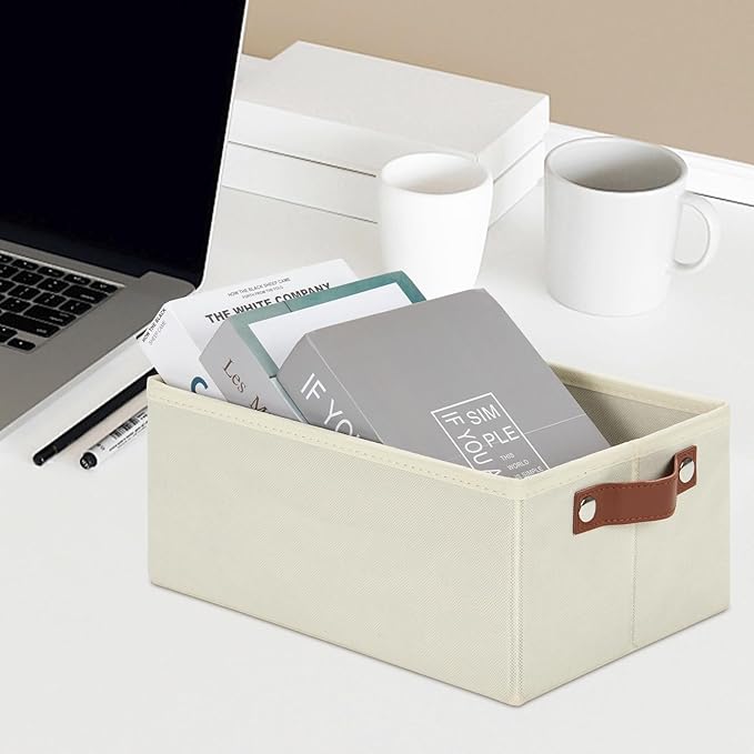 DULLEMELO Fabric Storage Bin with PU Handles, Decorative Basket and Organizer, Collapsible Bin for Toy and Clothes Storage (Light Beige, 11.8L*7.9W*5.1H)-NeatNest