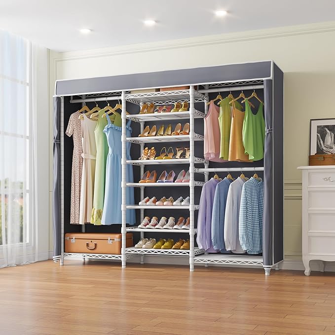 VIPEK S3C Heavy Duty Portable Closet, Adjustable Shoe Rack Wire Shelf, Large Wardrobe Organizer for Bedroom Storage, Freestanding Clothes Rack with Hanging Rod, Custom White Rack with Grey Cover-NeatNest