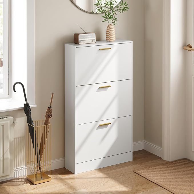 Shoe Cabinet Storage for Entryway, Shoe Cabinet with 3 Flip Drawers, White Modern Shoe Organizer Wood, Freestanding Small Thin Shoe Racks with Doors, White-NeatNest