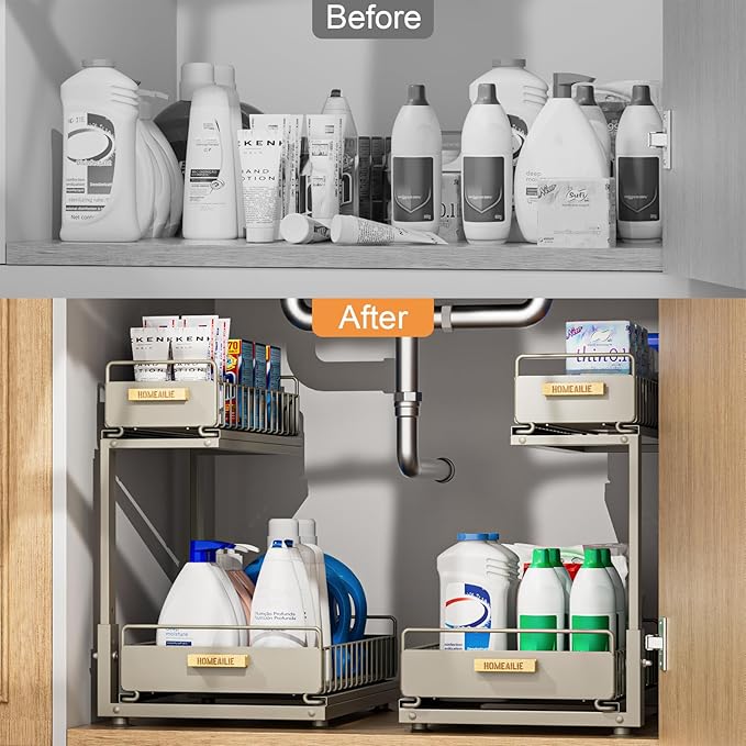Under Sink Organizer, High Adjustable 2 Tier Under Kitchen Sink Organizer, Multi-Purpose Storage Shelf for Kitchen Bathroom Cabinet, Gray-NeatNest