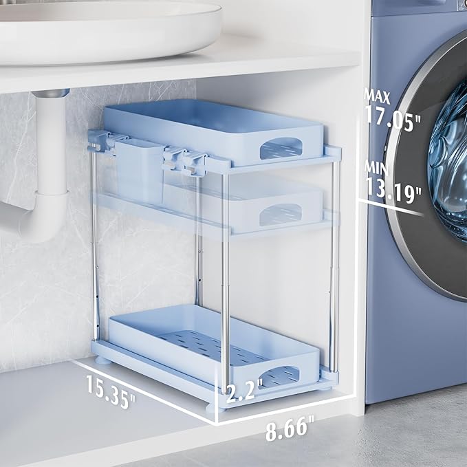 Under Sink Organizer (2 Pack), 2 Tier Under Sink Organizer, Adjustable Height Cabinet Organizer and Storage, in Blue-NeatNest