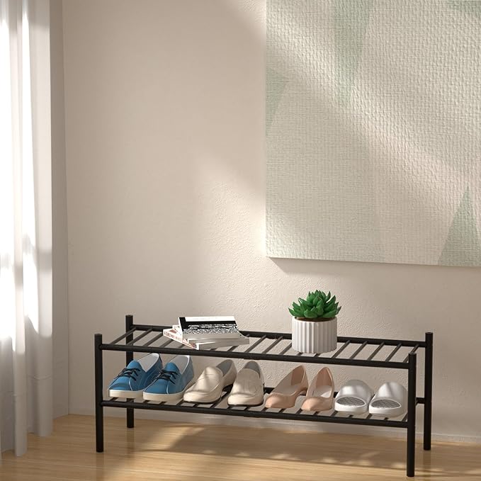 2-Tier Bamboo Long Shoe Rack, Free Standing Wood Shoe Shelf Storage Organizer for Closet Entryway Stackable 35"x11"x13" (Black)-NeatNest