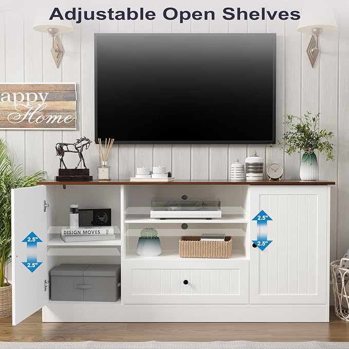 63 in Farmhouse TV Stand for TVs up to 70 Inch, Modern Entertainment Center with Storage Drawer and Open Shelves, Shaker Door TV Console Media Cabinet for Living Room, Bedroom, White-NeatNest