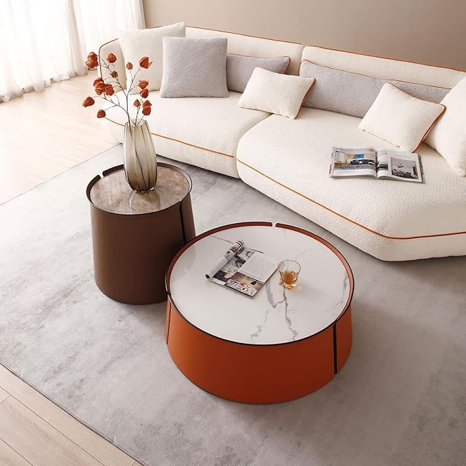 KEVINSPACE Coffee Table, Faux Marble & Orange, Modern Coffee Table for Living Room Mid Century Round Coffee Table for Living Room Furniture White Nesting Table Waiting Area, Bedroom, Office ø31.49