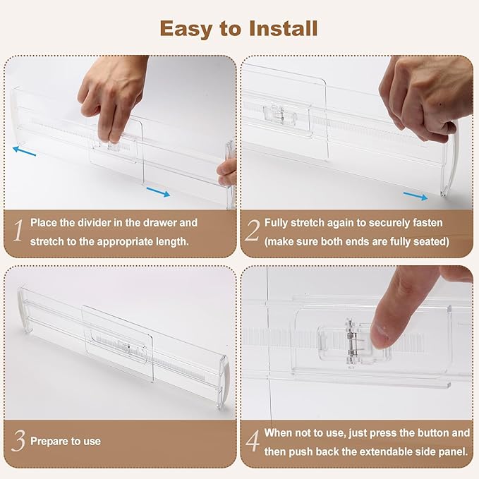 6 Pack Drawer Dividers for Clothes, 4" High 10"-17" Adjustable Drawer Dividers Expandable Dresser Drawer Organizer, Clear Drawer Separators for Clothes, Underwear, Cosmetic, Kitchen Utensils Storage-NeatNest