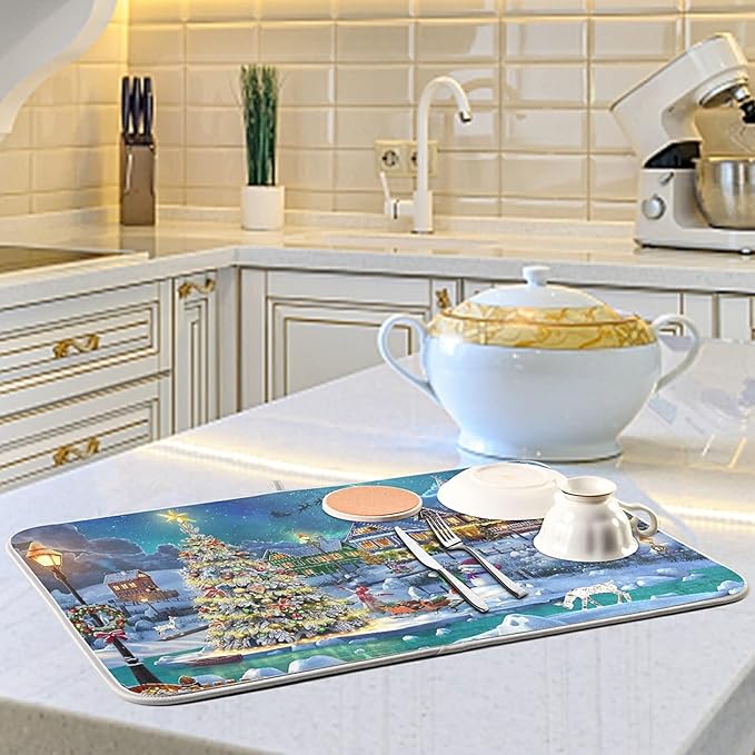 Absorbent Dish Drying Mat Christmas Tree Kitchen Counter Mat Protector,Reversible,Medium 18 x 16 Inches