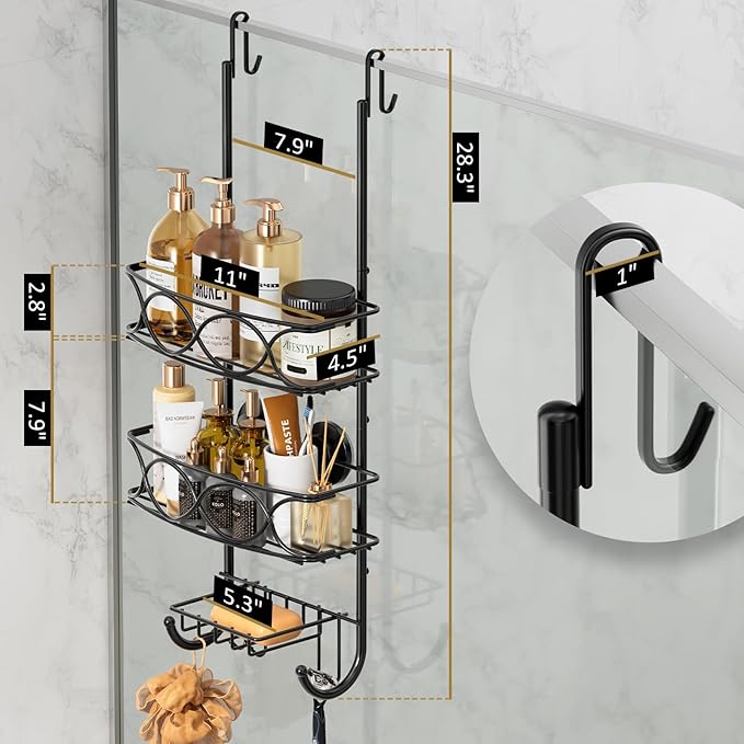 LEVERLOC Over The Door Shower Caddy, Shower Hanging Organizer Sturdy Rust Proof Bathroom Shelves with Strong Suction Cup and Reliable Hooks, Bath Basket Storage Rack, Metal Black-NeatNest