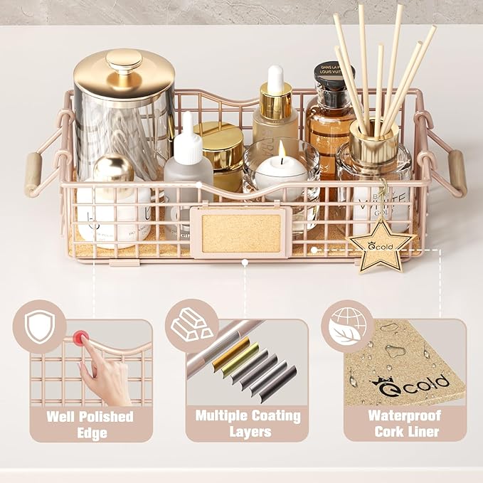 Bathroom Storage Basket with Handle, Home Decor Organizer - Bathroom Organizers and Storage - Exquisite Vanity Tray for Skincare - Counter Tray for Organizing - Pink-NeatNest